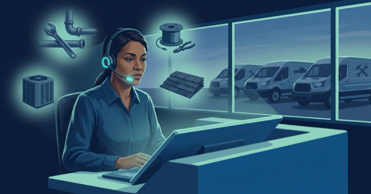 Trades dispatcher at a workstation taking after-hours emergency calls for HVAC, plumbing, roofing, and electrical contractors