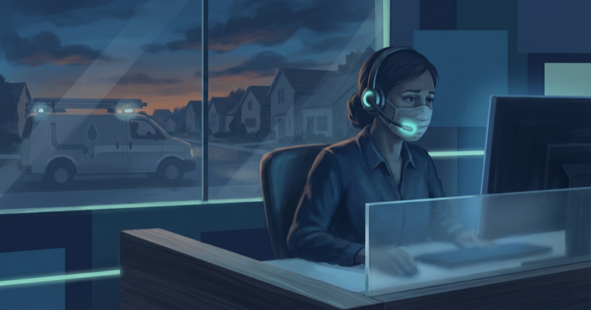 Plumbing dispatcher answering an after-hours water leak emergency call at a branded greeting
