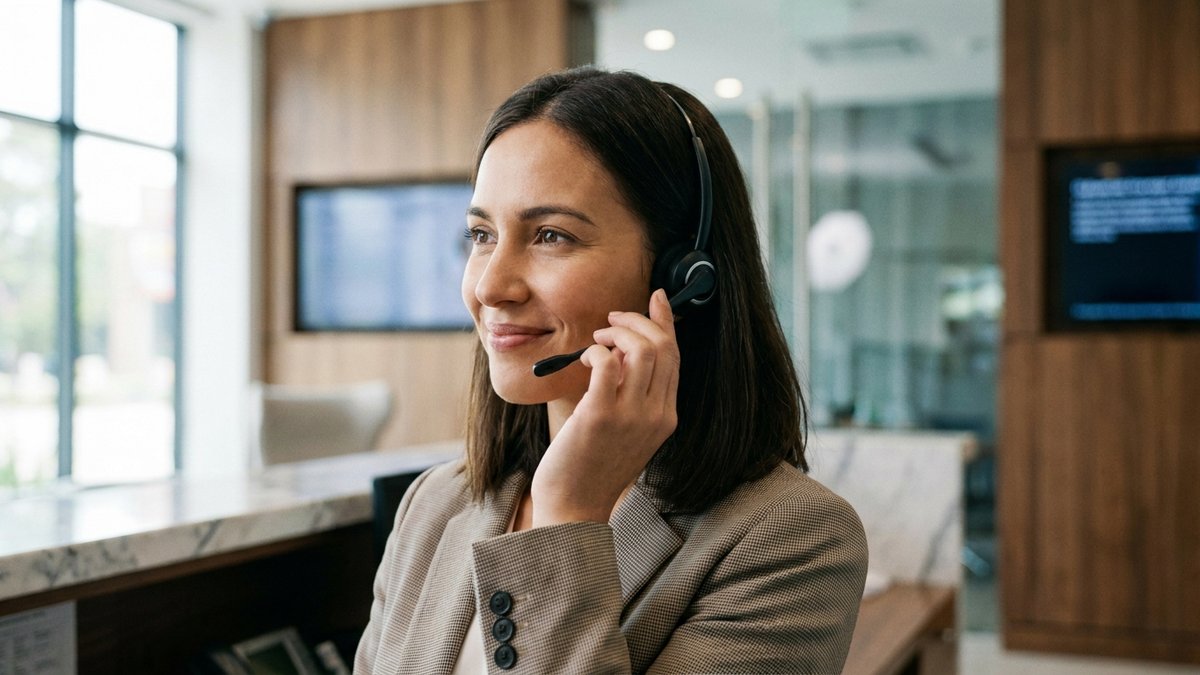 After hours answering service agent at headset taking a branded call