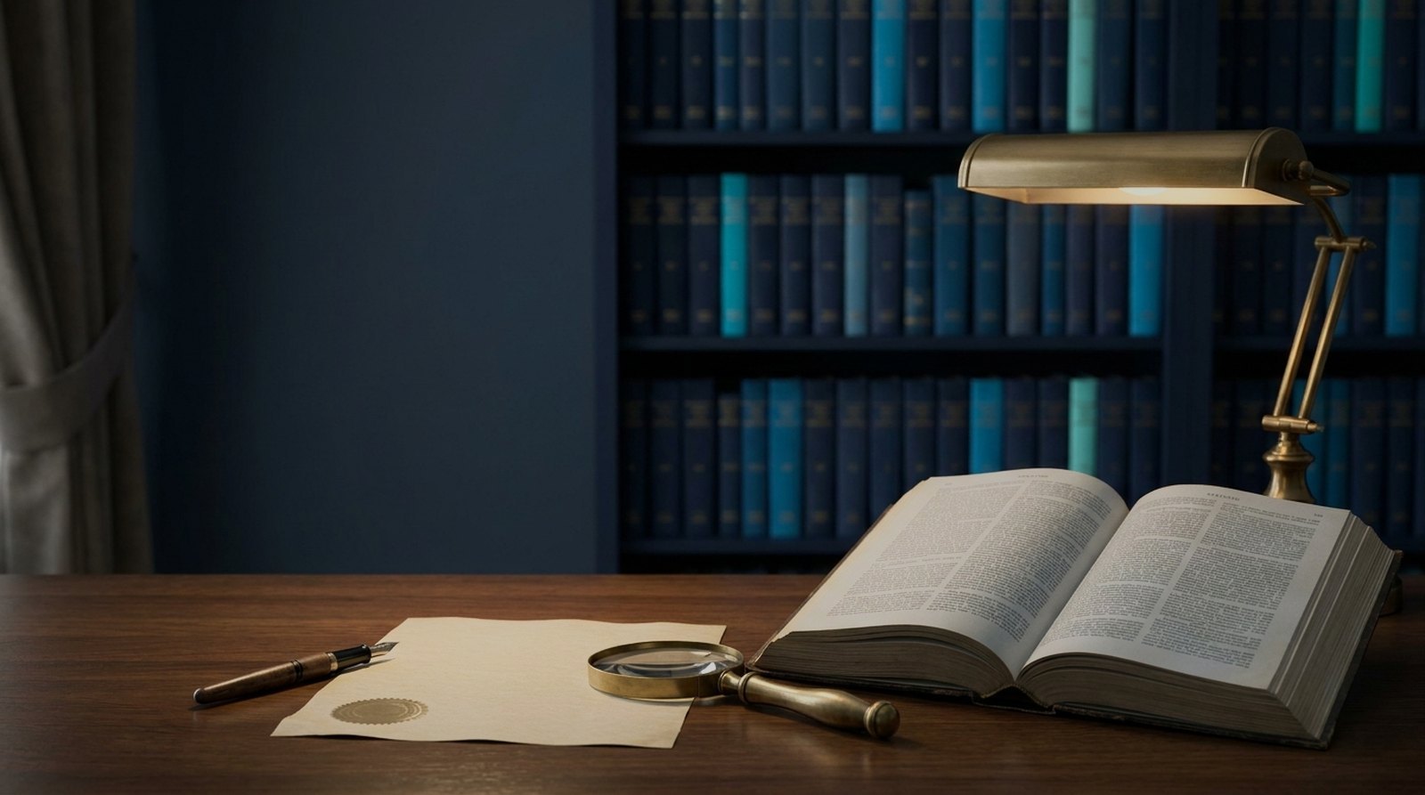 Law library desk under a brass lamp with an open statute volume, magnifier and stamped document