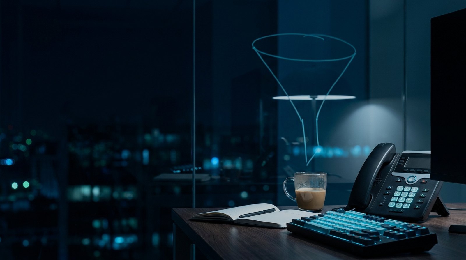 Sales desk at night with a backlit VoIP phone and a funnel sketched on the glass wall behind