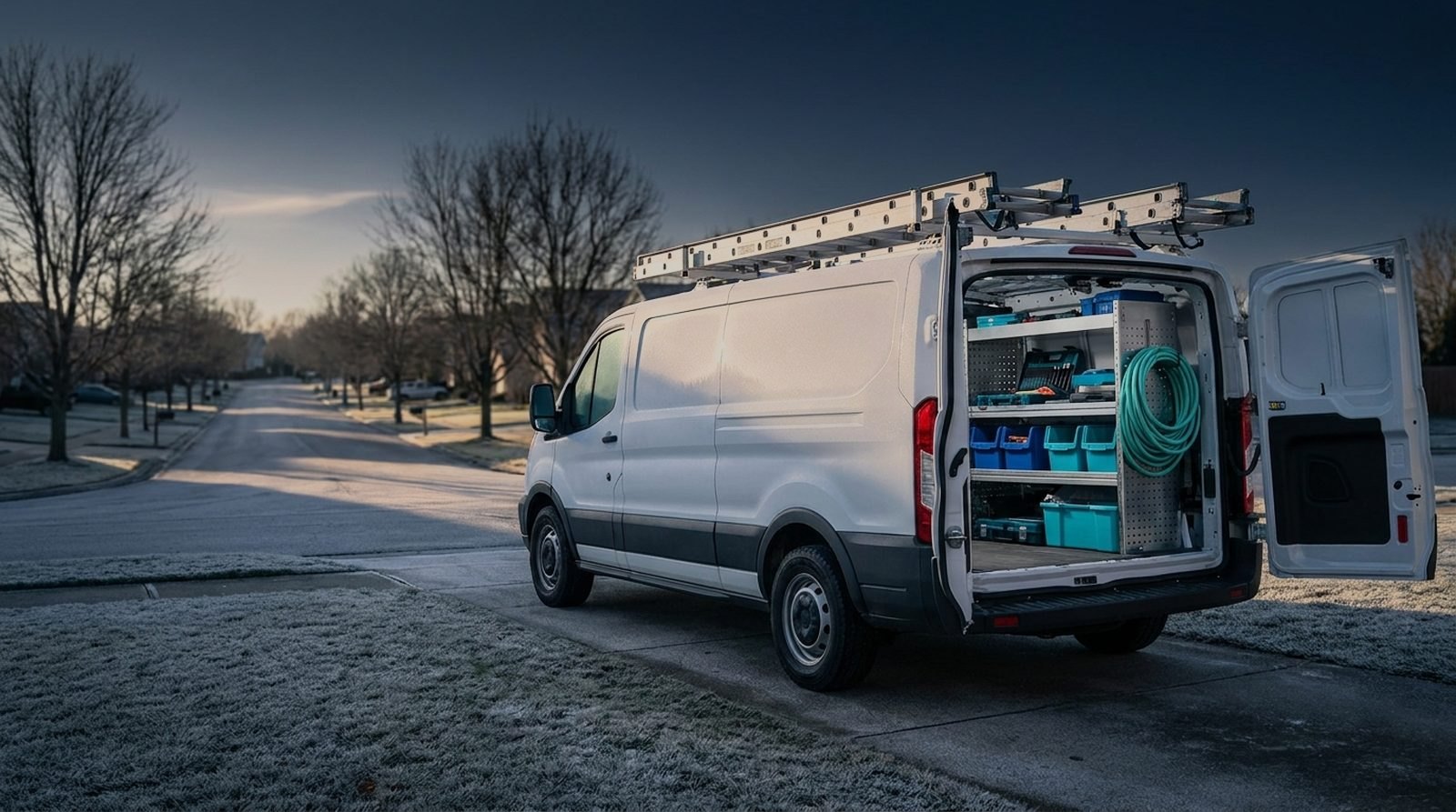 Service van in a suburban driveway at dawn with rear doors open on racked tools