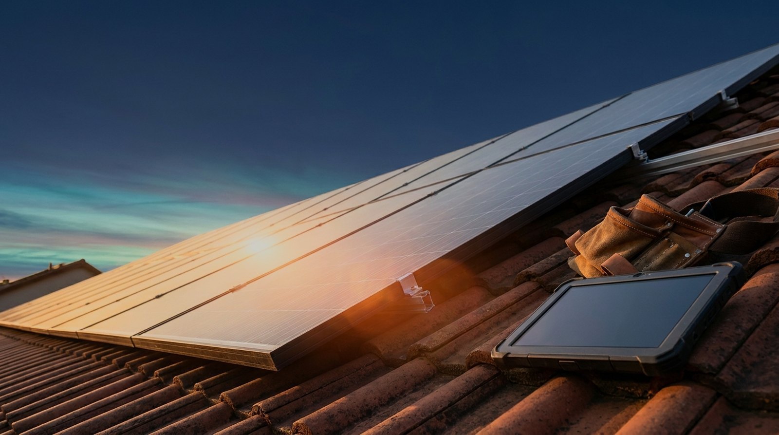 Residential rooftop solar array at golden hour with an installer tablet resting on the tiles