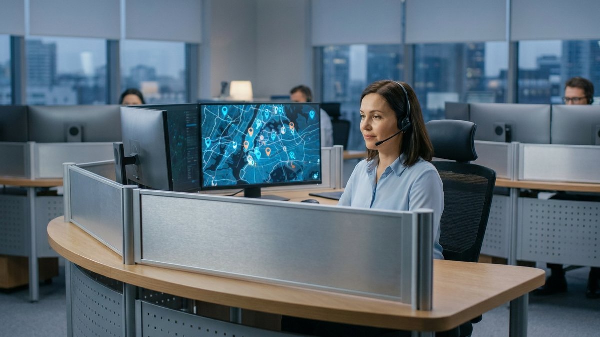 Home services dispatcher at workstation with abstract map view