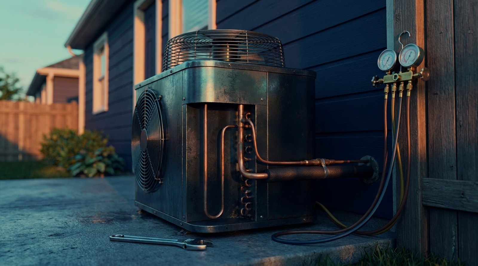 Residential HVAC condenser unit at golden hour with a gauge manifold hung on the fence