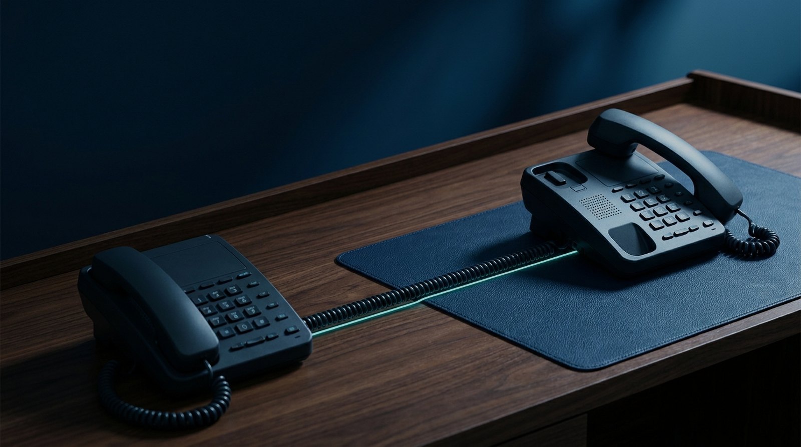Two desk telephones on a walnut console linked by a lit cable, the warm transfer handoff