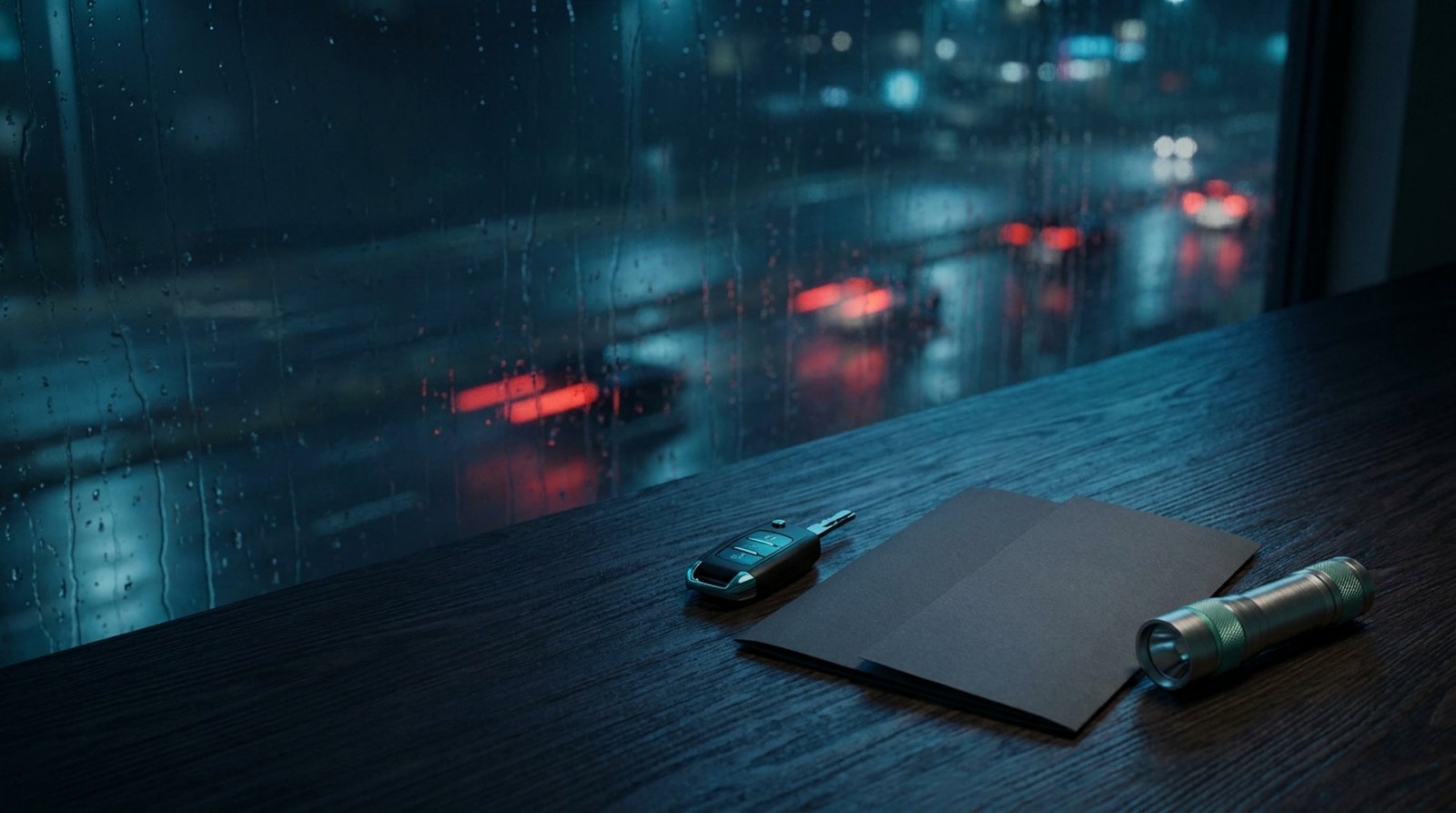 Car key fob and a folded auto policy jacket on a desk beside a rain streaked window at night