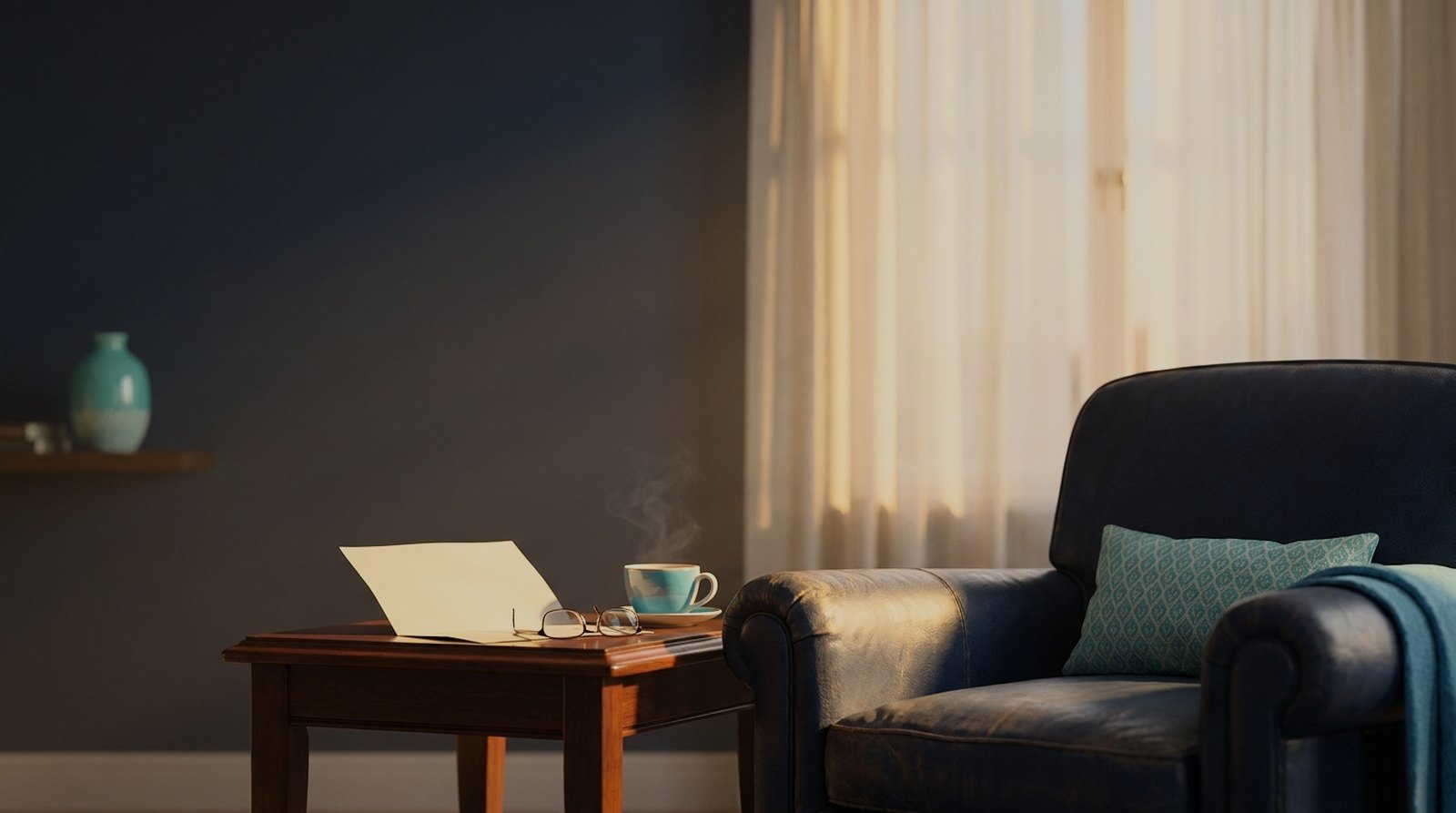 Quiet armchair and side table at golden hour with a folded document, reading glasses and tea