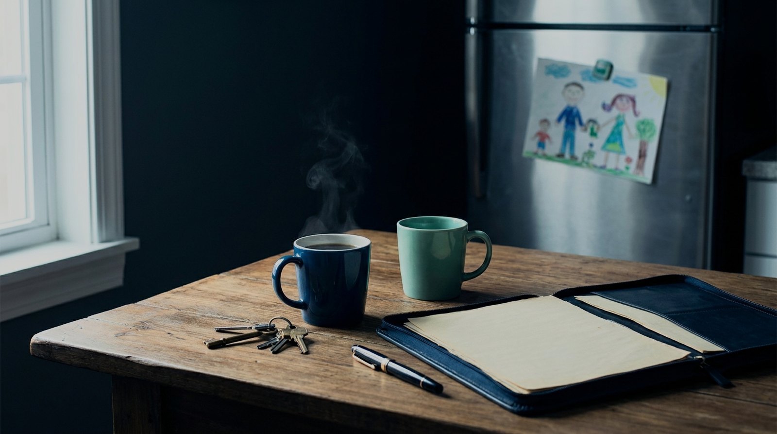 Kitchen table in morning light with an open document portfolio, house keys and two coffee mugs