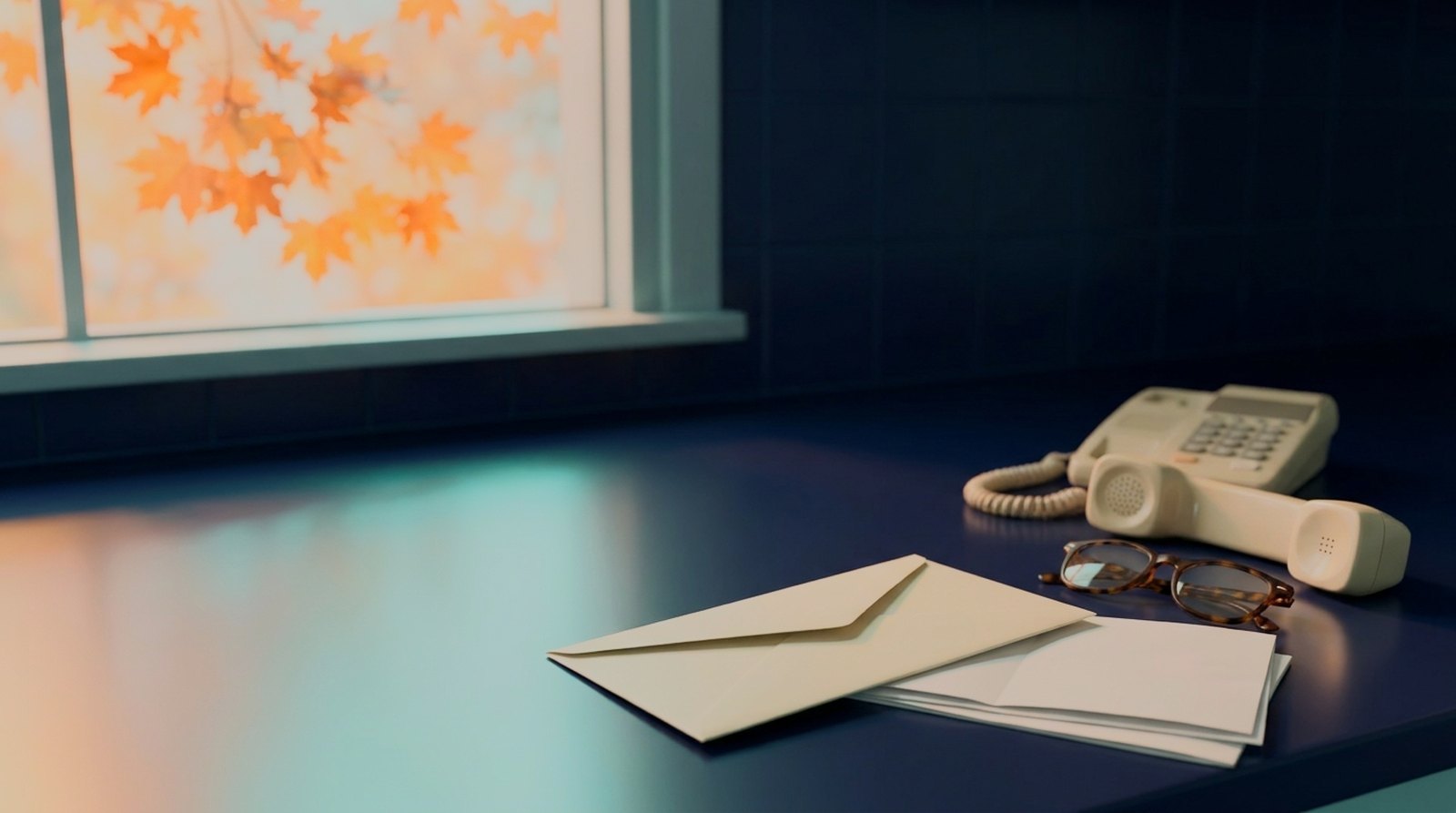 Autumn kitchen counter with enrollment forms, reading glasses and a landline handset off the cradle