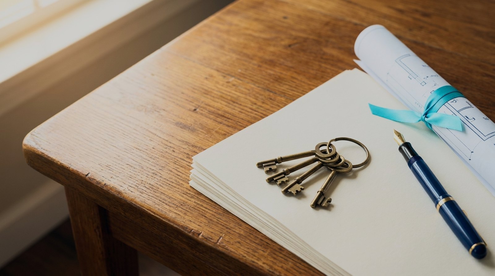 Closing table with house keys resting on a stack of loan documents beside a rolled blueprint