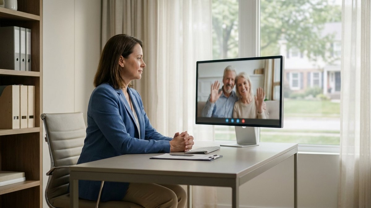 Medicare broker in home office consulting with senior client on video call