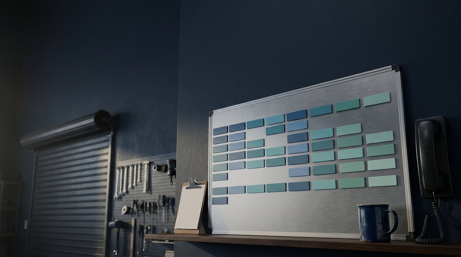 Trade workshop dispatch wall with a magnetic scheduling board and a wall mounted handset