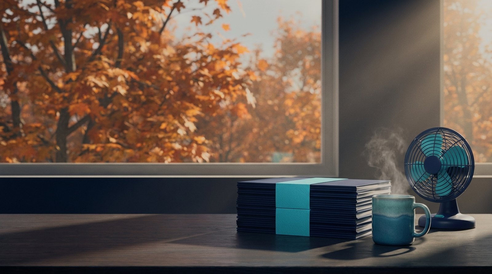 Autumn desk beside a window with a banded stack of enrollment folders and a warm mug