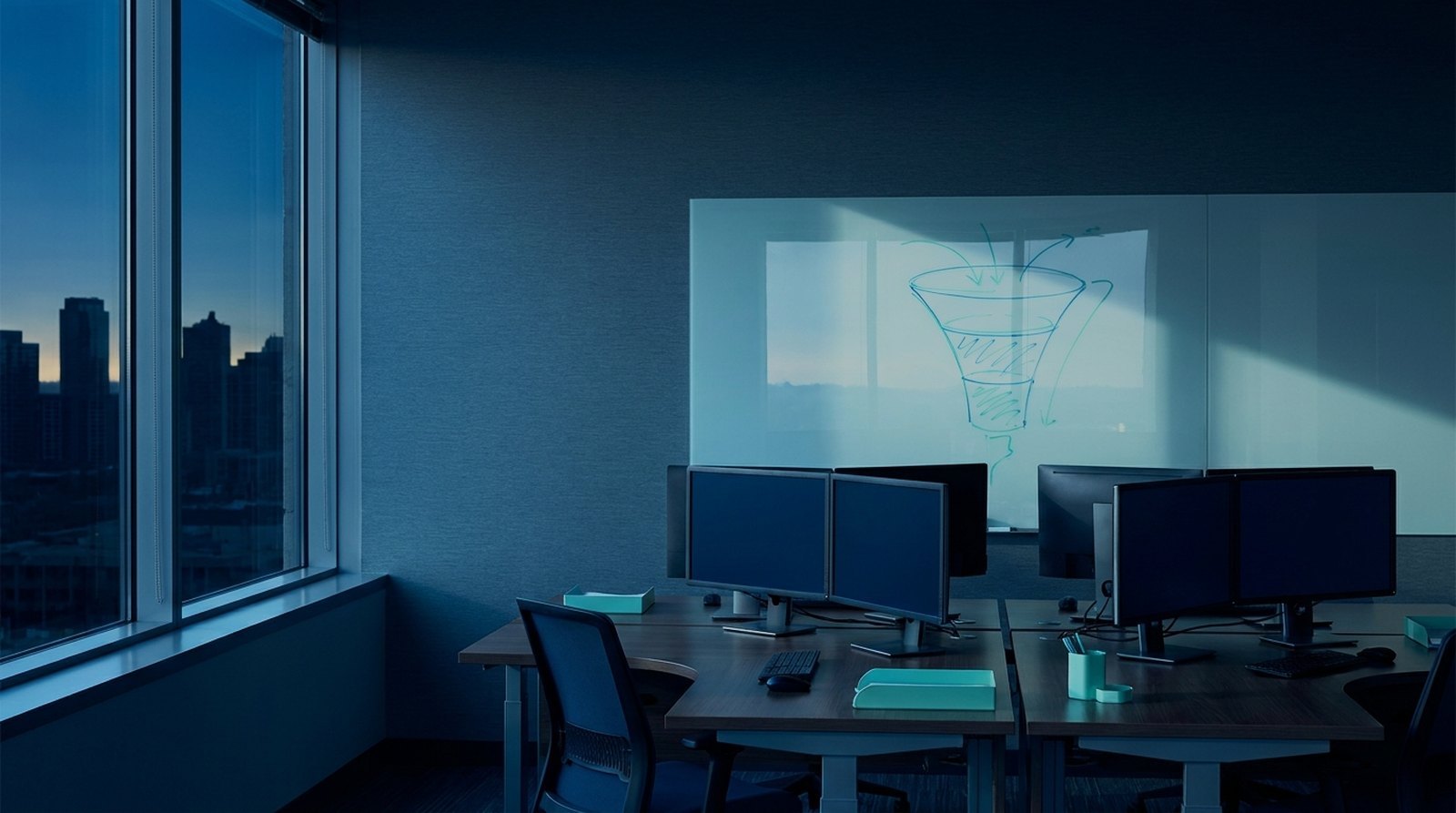 Empty sales development pod at first light with a funnel sketched on the glass board behind