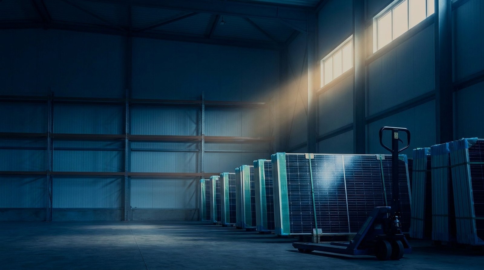 Solar equipment warehouse aisle at dawn with racked photovoltaic panels catching the light