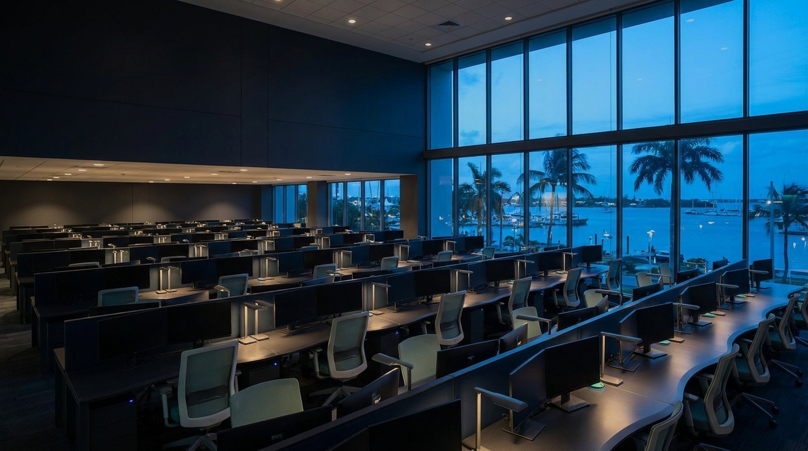 Nearshore contact centre operations floor at blue hour overlooking a Caribbean harbour