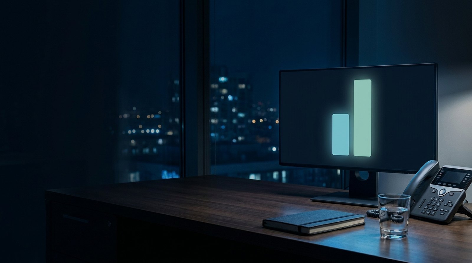 Night desk with a monitor showing two unlabelled cost bars beside a VoIP desk phone