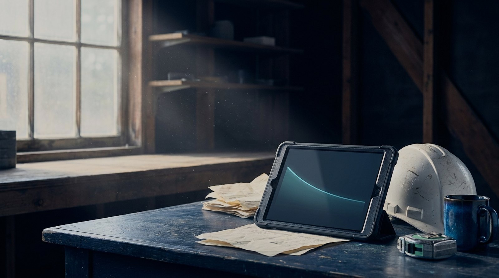 Contractor back office desk with a rugged tablet showing a cost curve beside a hard hat