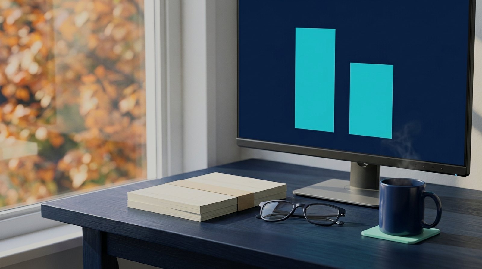 Autumn desk with a monitor showing two unlabelled cost bars beside a banded stack of forms