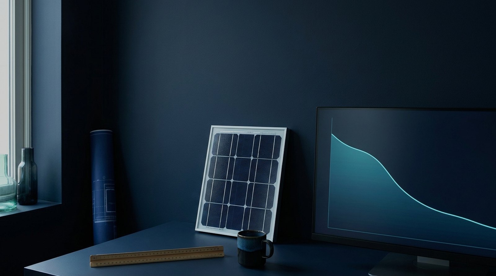Engineering desk at dusk with a solar sample panel, a rolled blueprint and a cost curve on screen