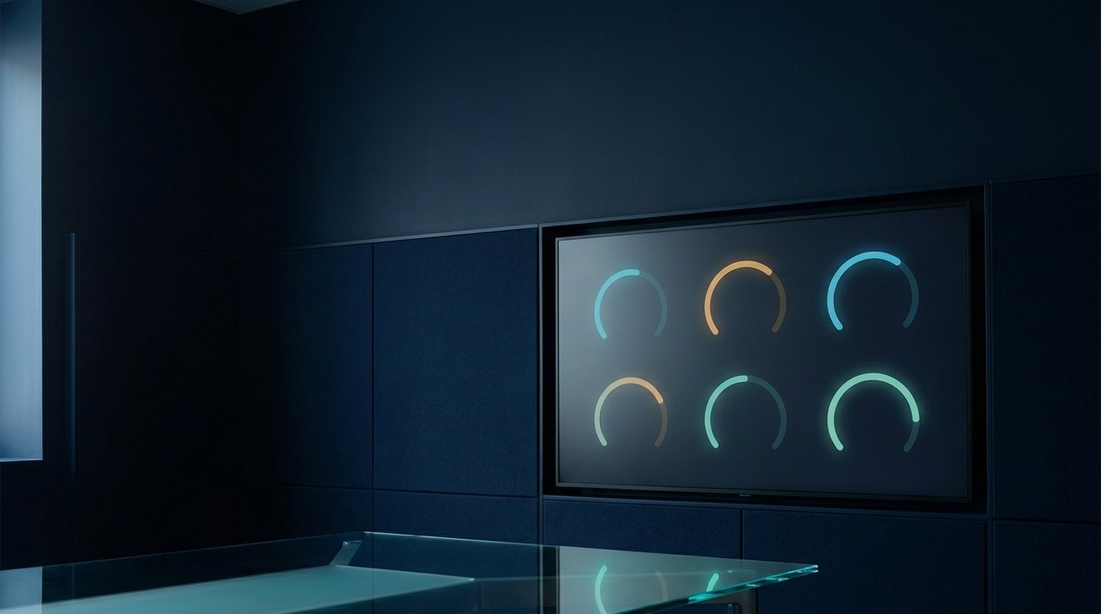 Dark operations room wall display showing six unlabelled gauge arcs in green, amber and cyan