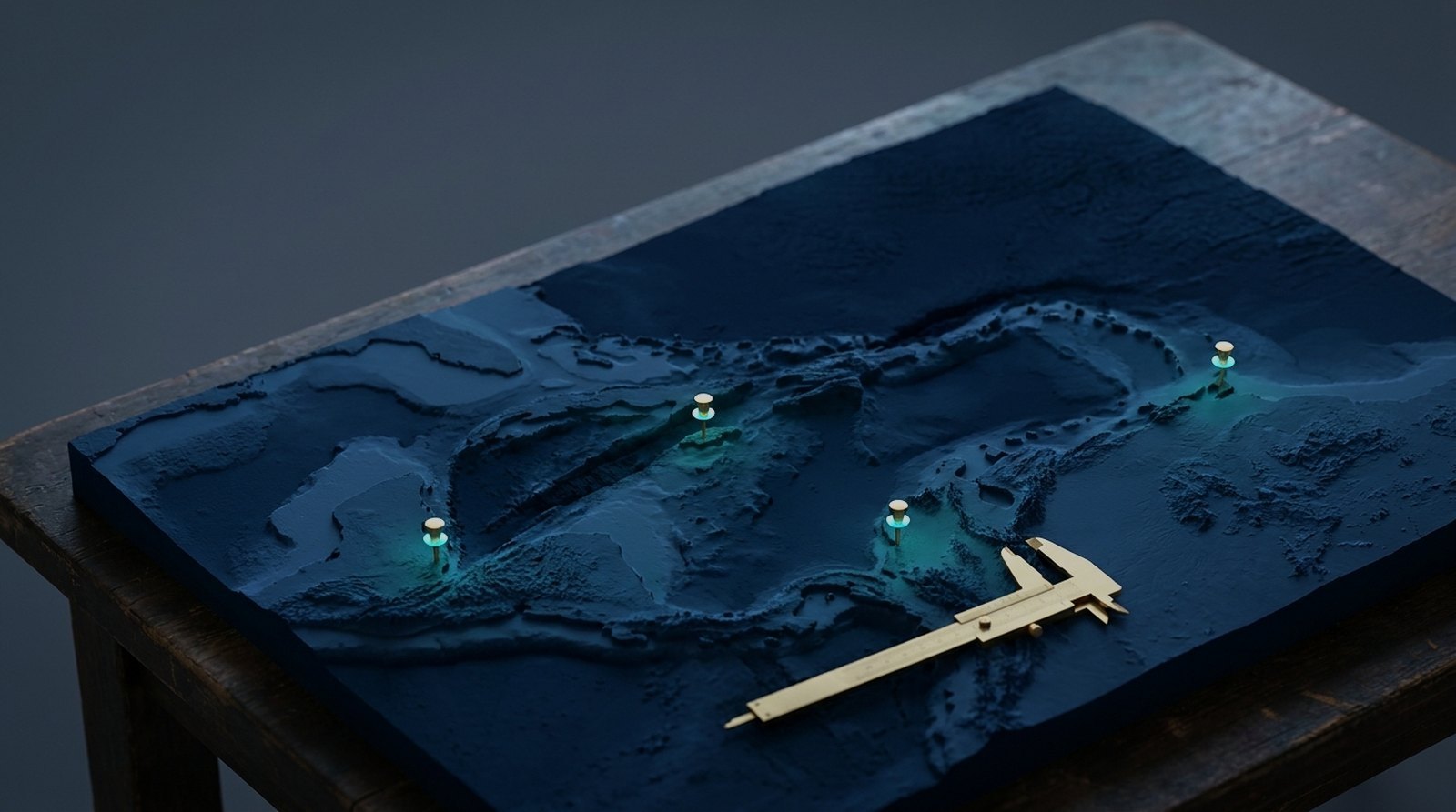 Relief map of the Caribbean basin with brass survey pins set in four nearshore markets