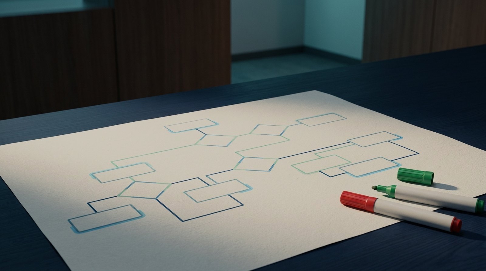 Printed decision flowchart of blank boxes and connectors with a red and a green marker beside it