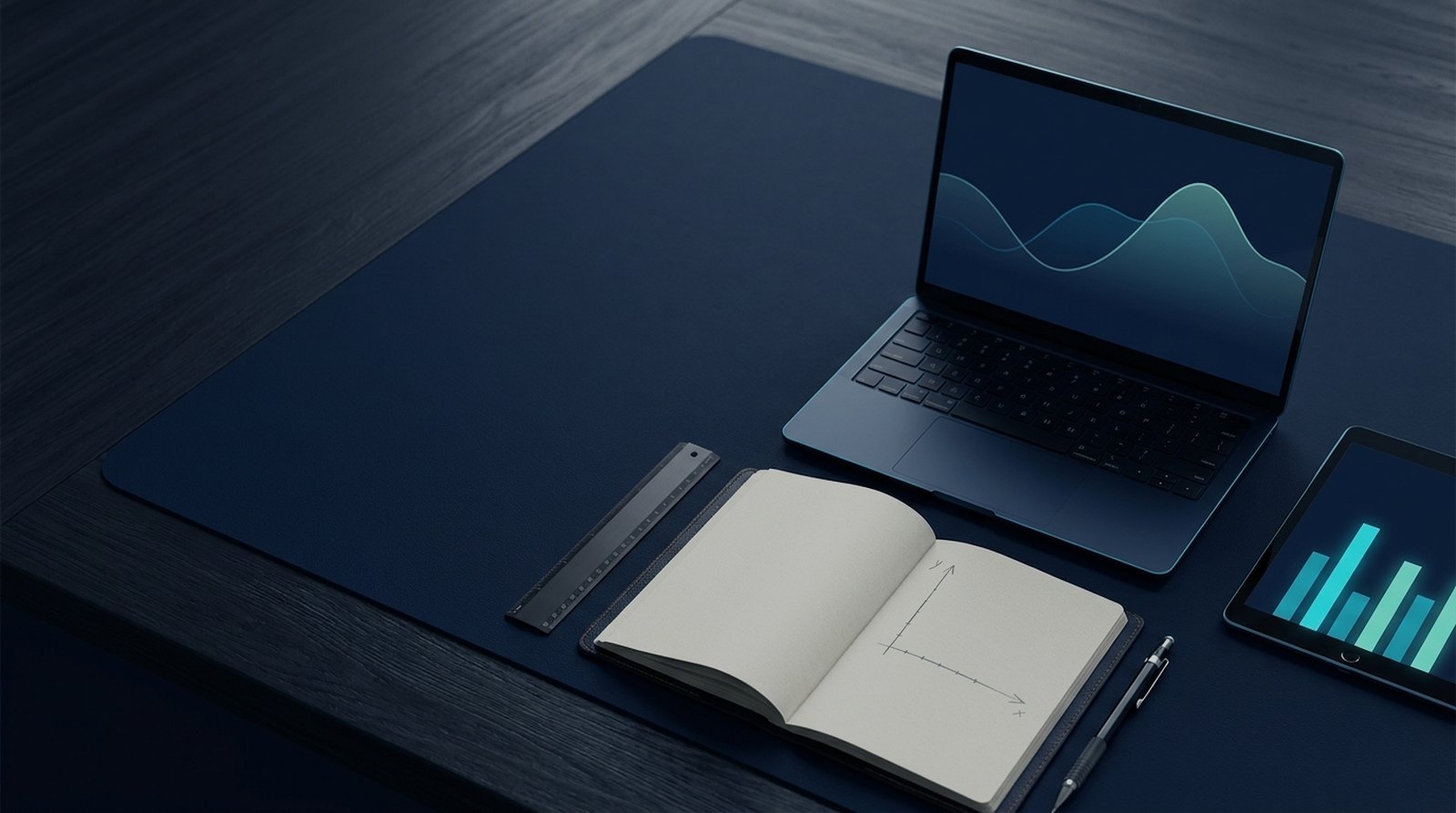 Analyst desk with a notebook, laptop chart, and tablet chart representing Call Force Global research and open data