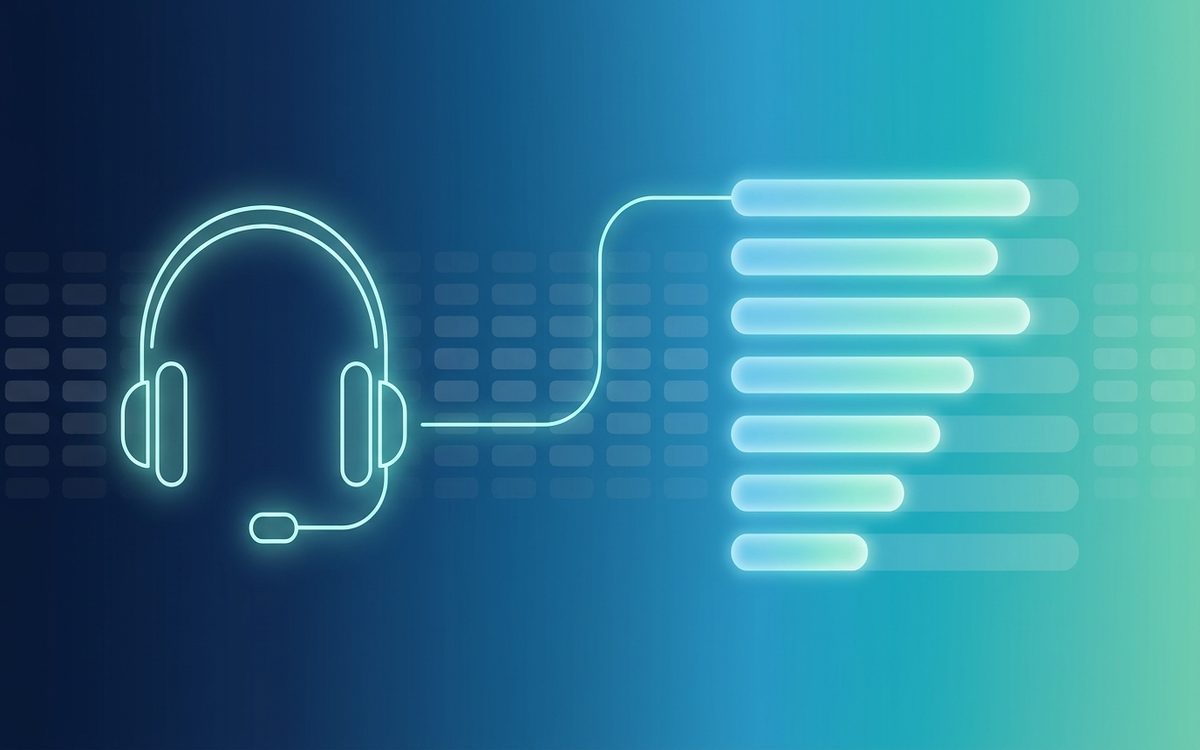 One headset outline connected to seven scorecard rows of differing lengths, the seven rubric rows an agent is scored against