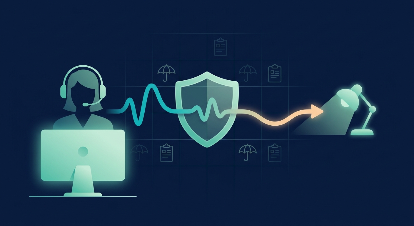 Editorial illustration of an insurance answering service agent taking an after-hours call that passes through a shield motif and hands off to a licensed agent's desk