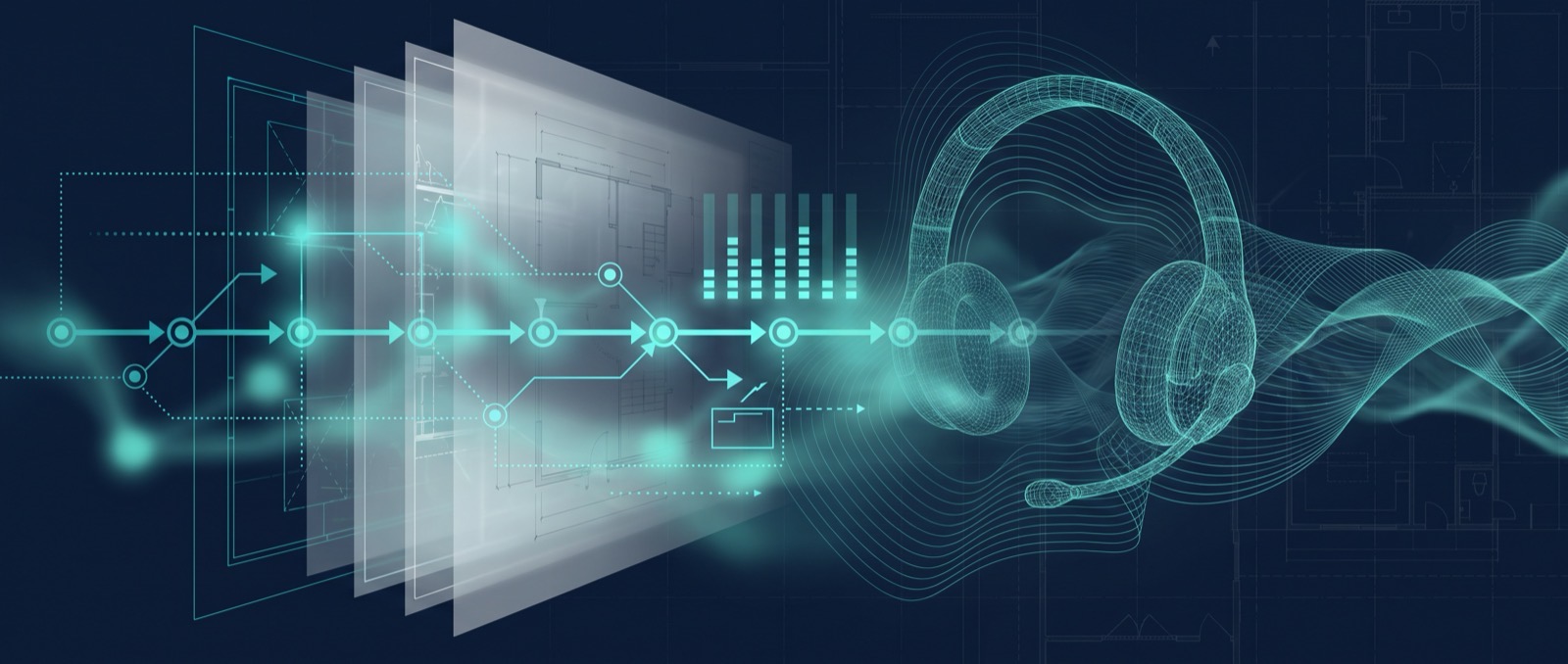 Blueprint-style illustration of layered plan sheets and a phased timeline of connected milestones flowing into a wireframe headset, representing a documented launch plan for a nearshore support team.