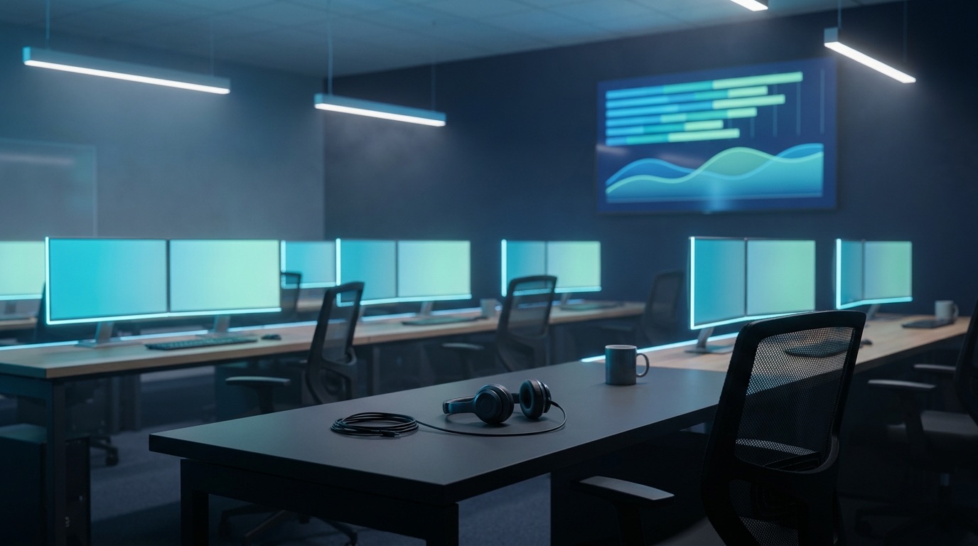 Contact center operations floor at night, headsets resting on a desk, wall display showing ranked call-driver bars and a trend line