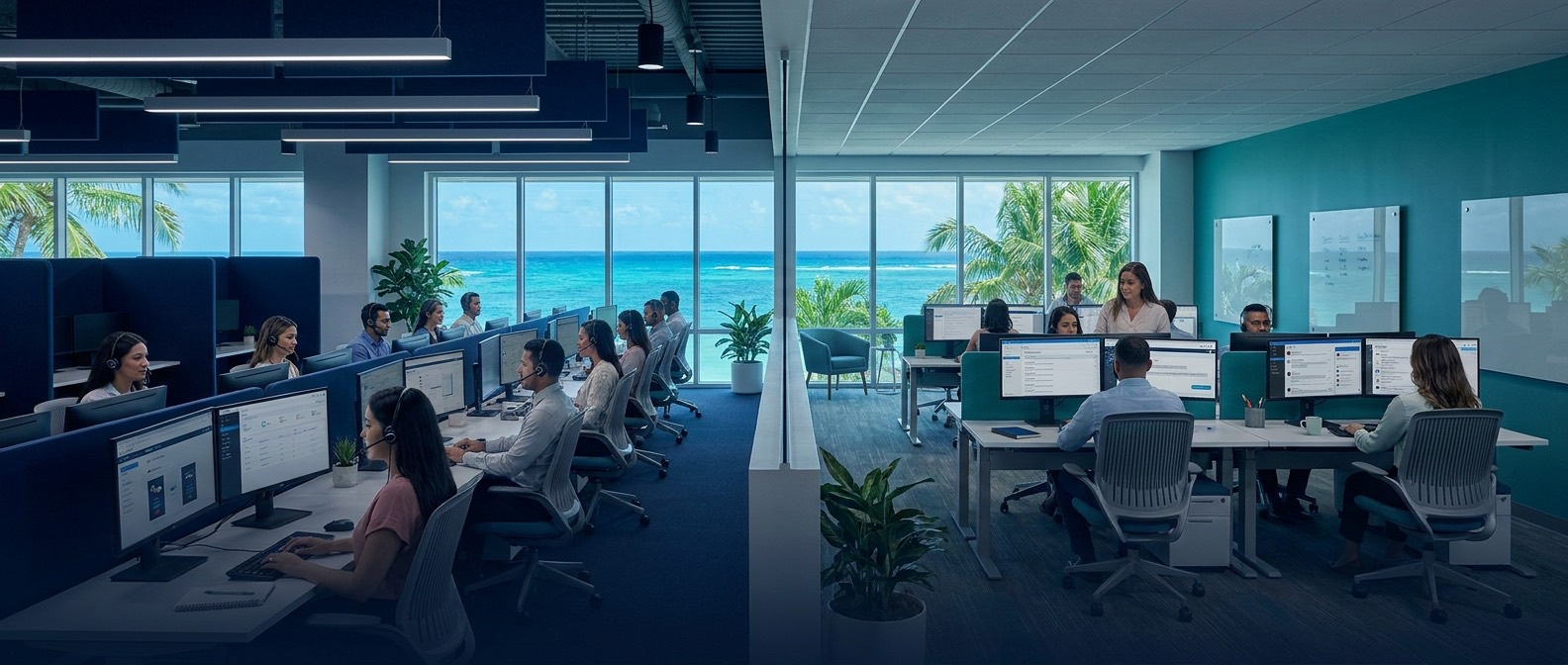 Split view comparing a voice-only call center floor with an omnichannel contact center workspace