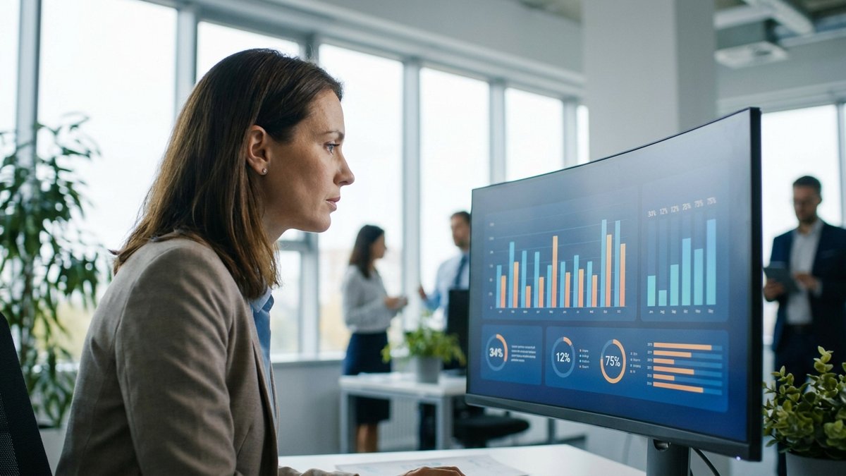 Financial analyst reviewing cost dashboard with abstract bar charts