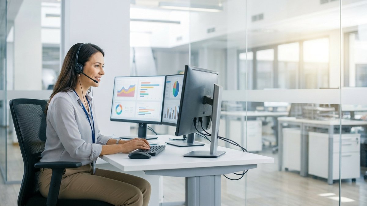 Empathetic debt collection agent on phone in modern call center bay
