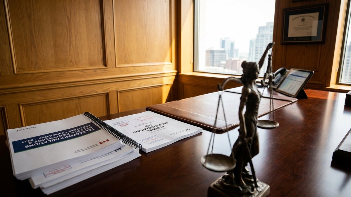 Government regulation themed: official documents on a desk, scales of justice motif