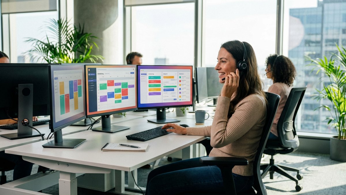 Home services agent answering inbound call in modern call center