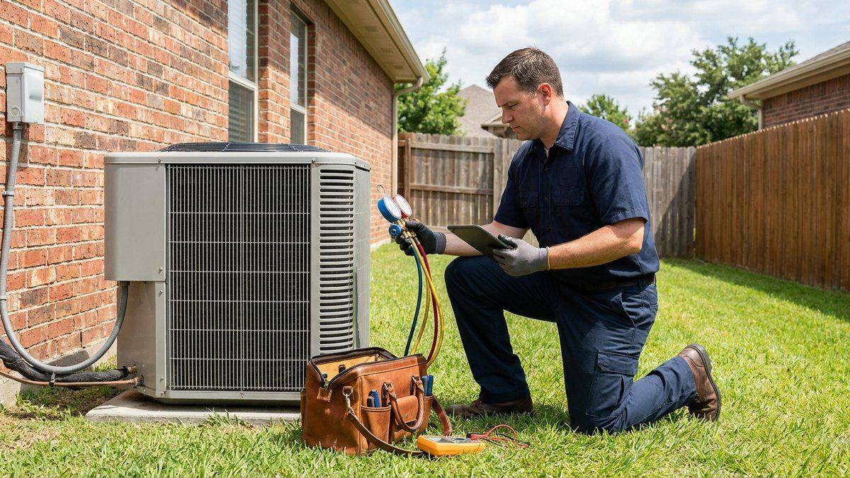 HVAC technician with toolkit at residential outdoor unit