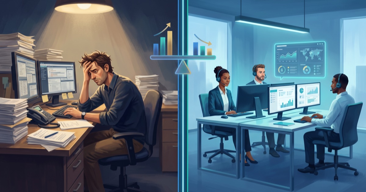 Editorial split-screen illustration showing one stressed in-house customer service representative on the left and a small nearshore answering service team on the right, with a faint cost differential infographic between them