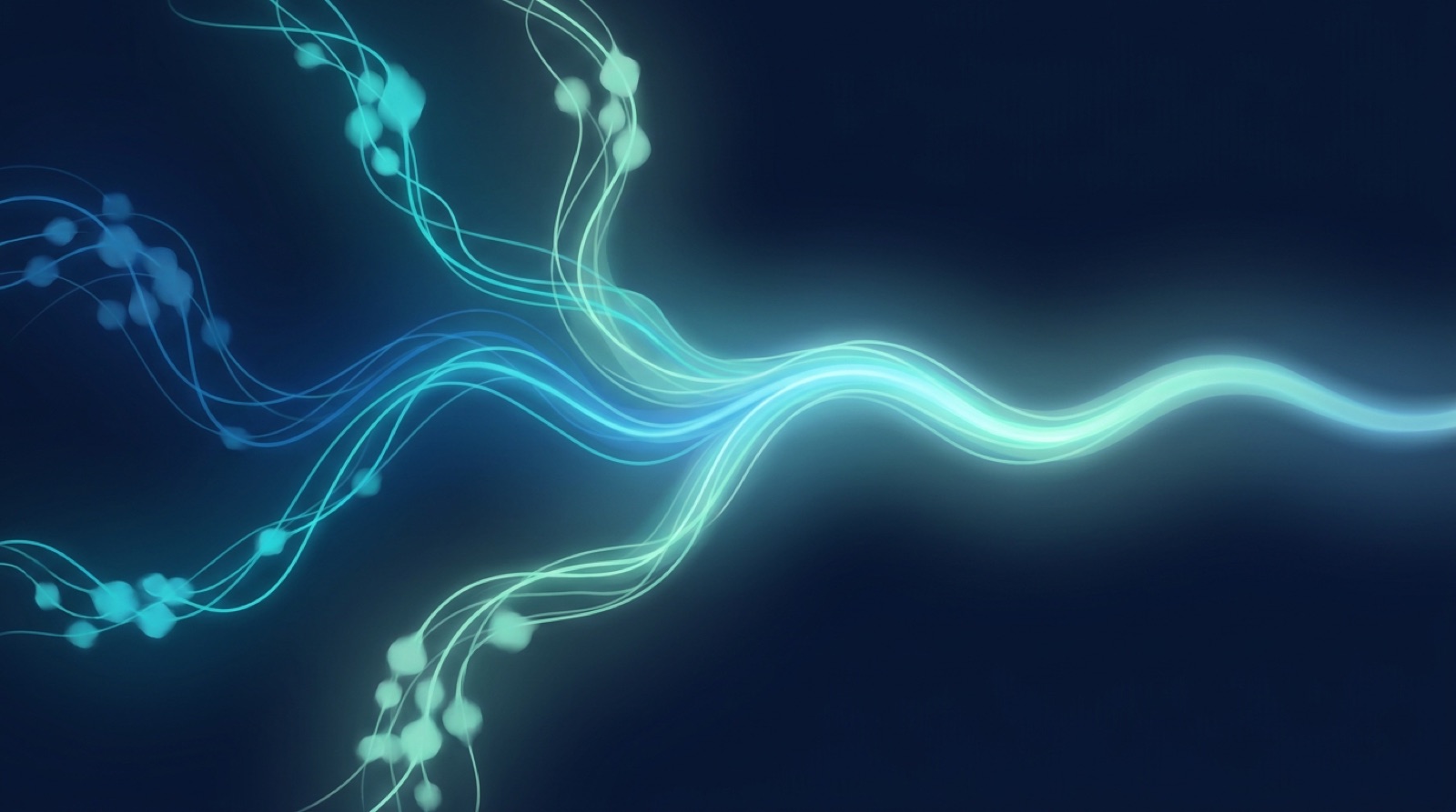 Multiple teal and blue light streams converging into one bright channel on a navy field, an abstract editorial illustration of omnichannel support channels unifying into a single customer record