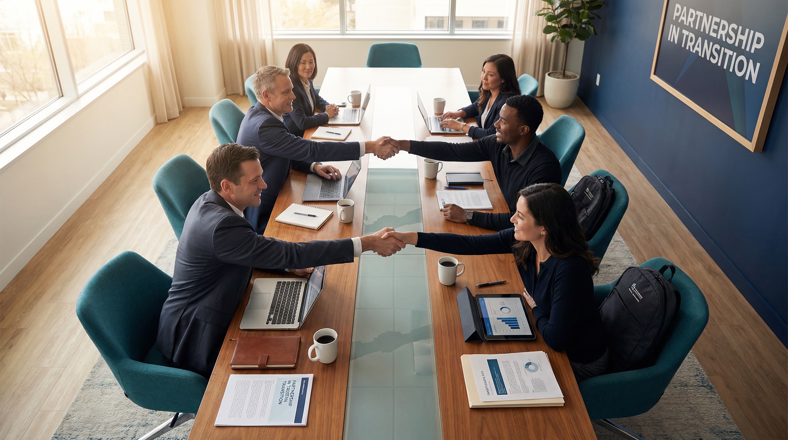 Business teams shaking hands during outsourcing transition