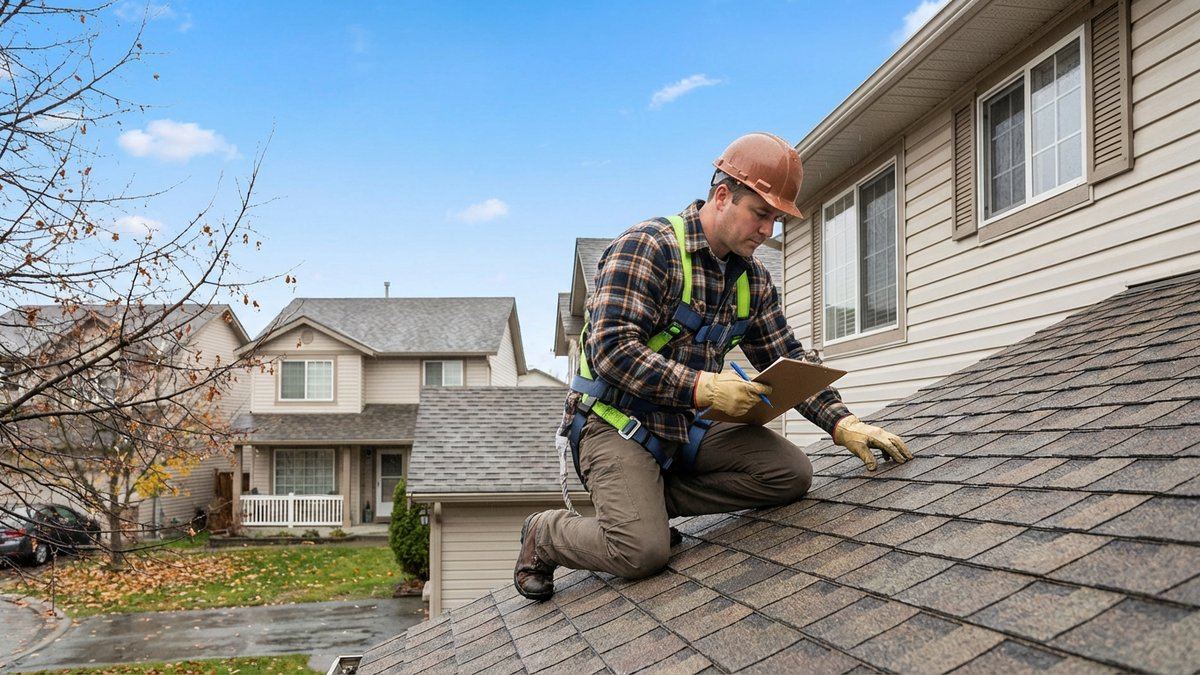 Roofing contractor on residential roof with clipboard inspecting after storm