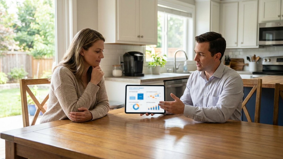 Solar consultant with tablet showing cost diagrams to homeowner