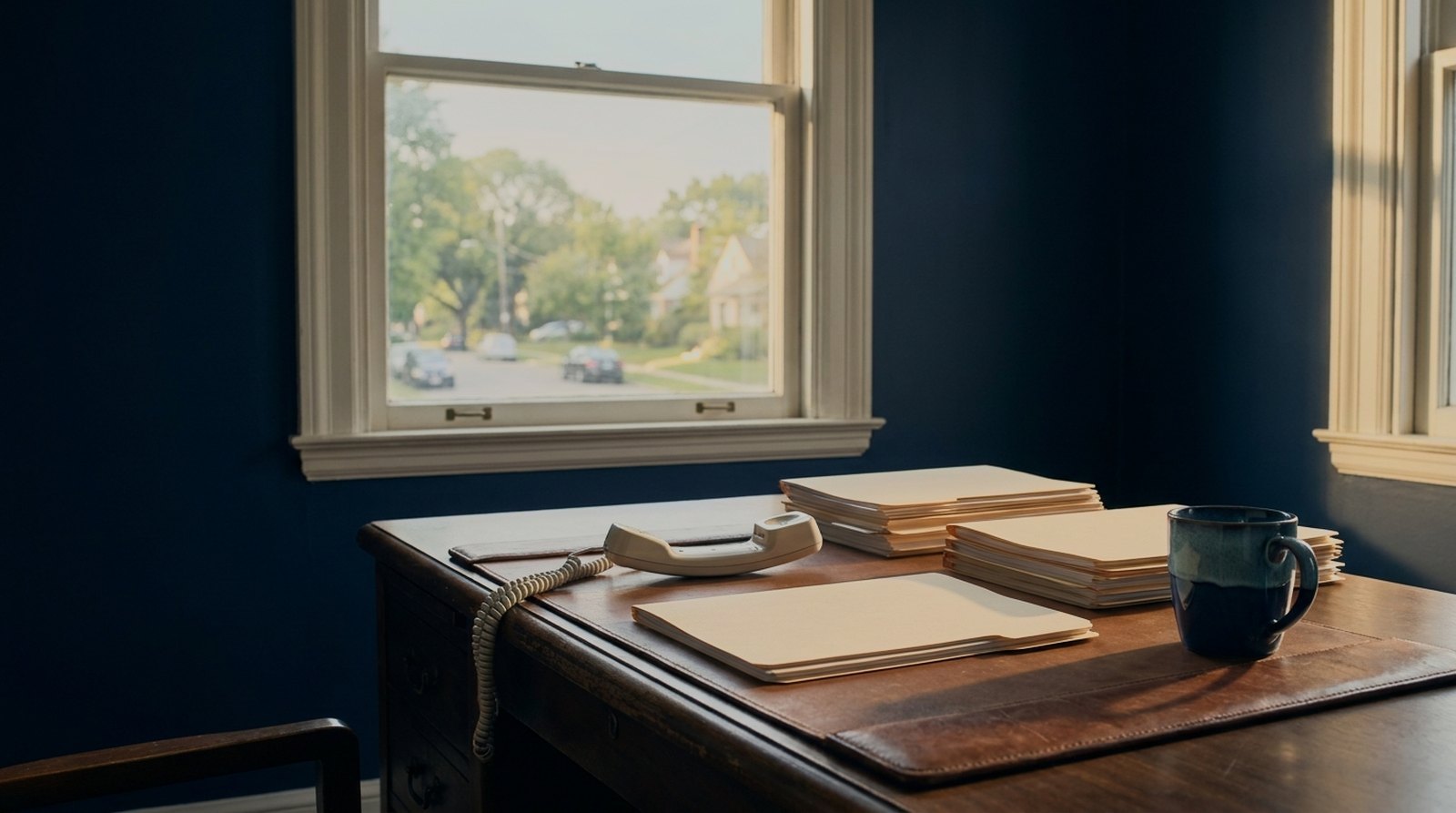 Medicare agency desk in morning light with a landline handset off the cradle and stacked folders