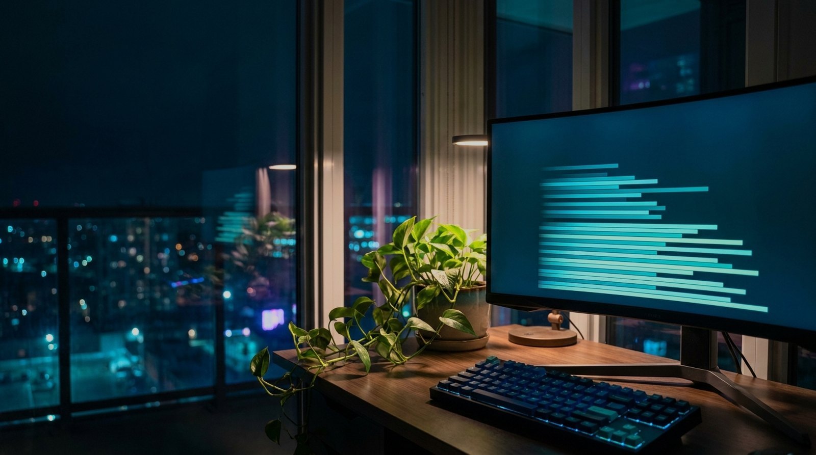Software support workspace at night with a shortening queue of cyan bars on a curved monitor