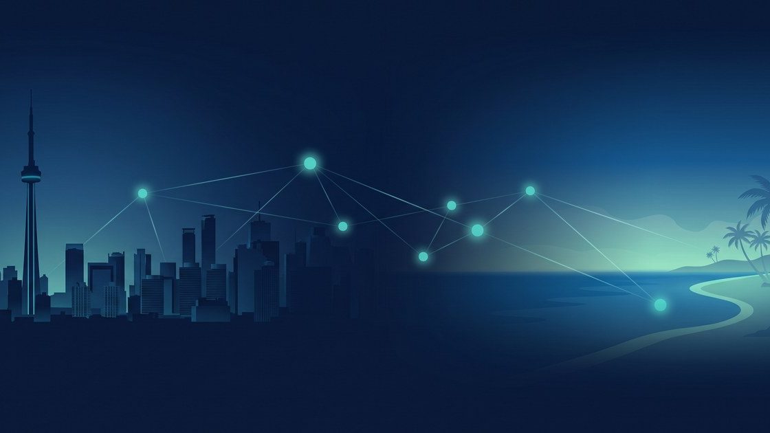 Illustration of the Toronto skyline linked by a glowing network to a Caribbean coastline